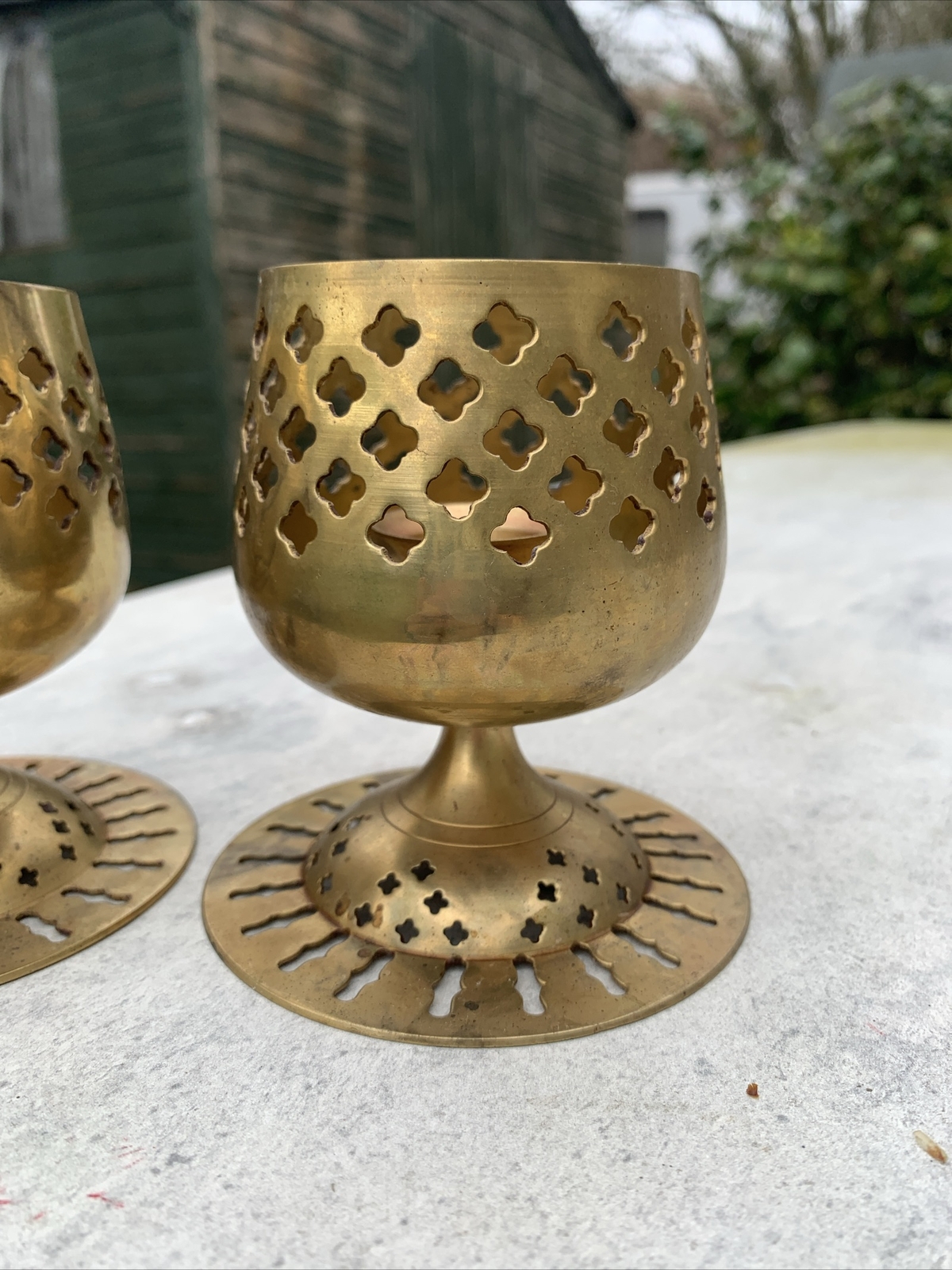 Vintage Pair Brass Candle Holders Brandy Cognac Glass Shape with Cross