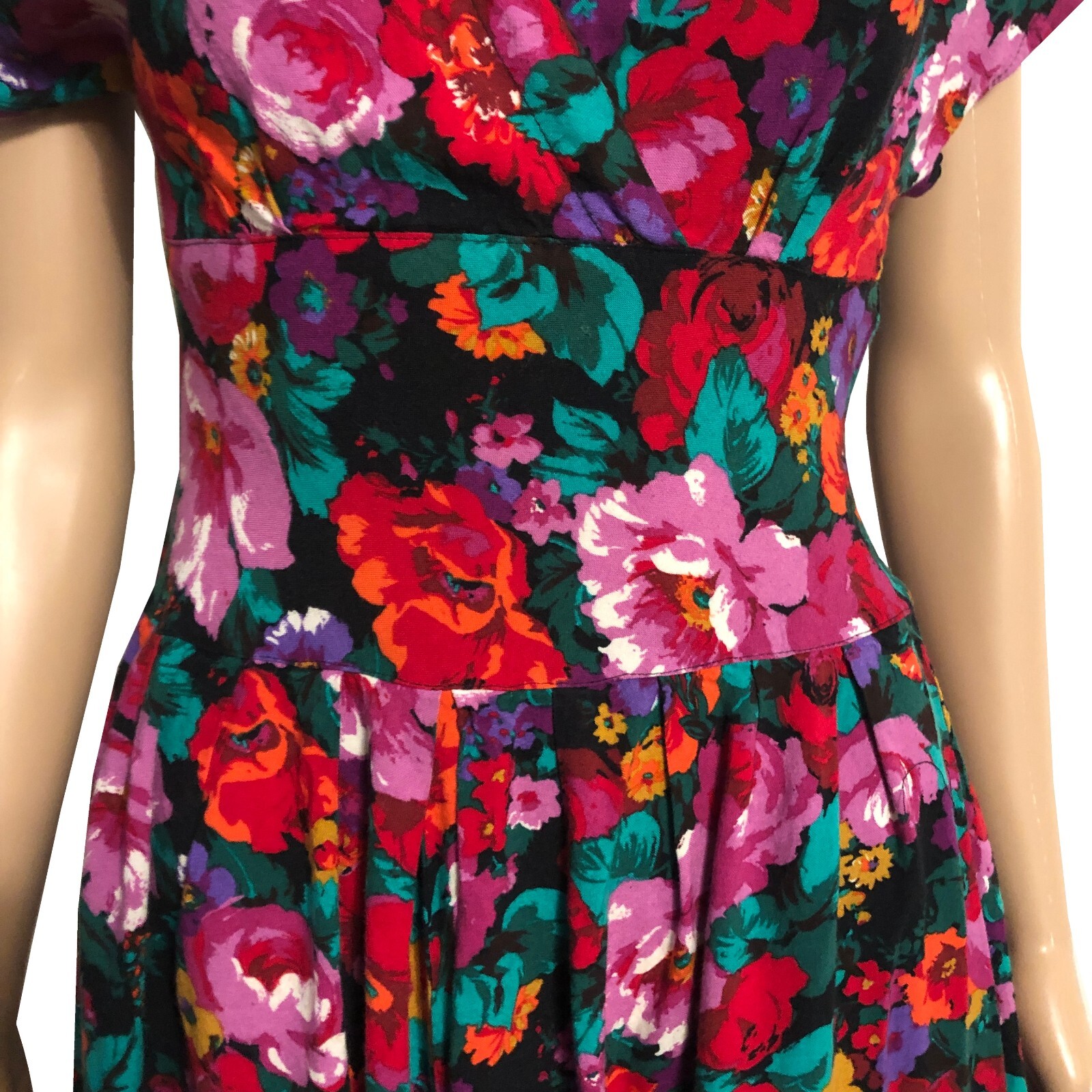 vtg 80s REO Originals Fit N Flare Day Dress Sz 10 Garden Floral Wide Waist Pckts