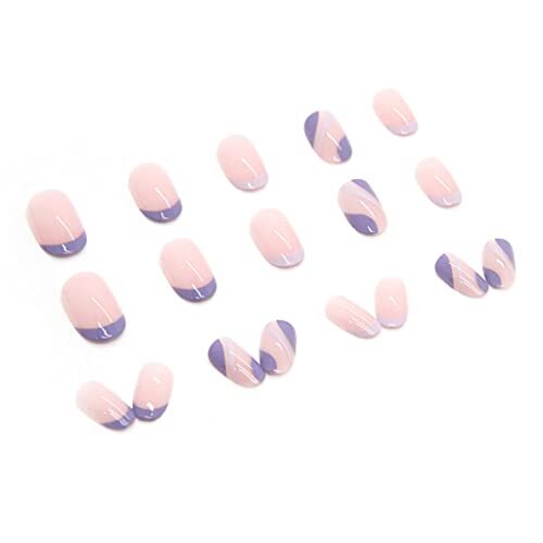 French Tip Press on Nails Short Fake Nails Oval Purple Oval Purple Swirls - Bild 3 von 6