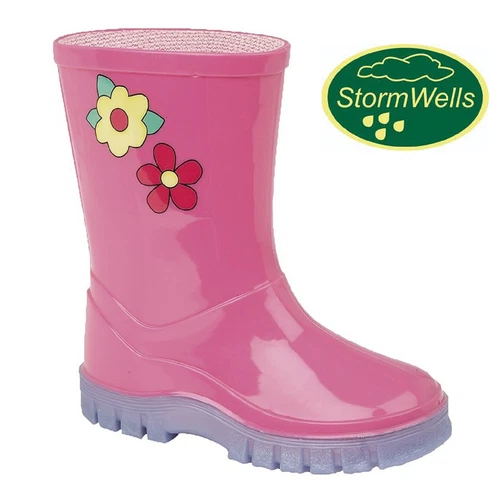 GIRLS STORMWELLS PINK FLOWER WELLIES RAIN SPLASH WELLINGTON BOOTS UK SIZE 3-10