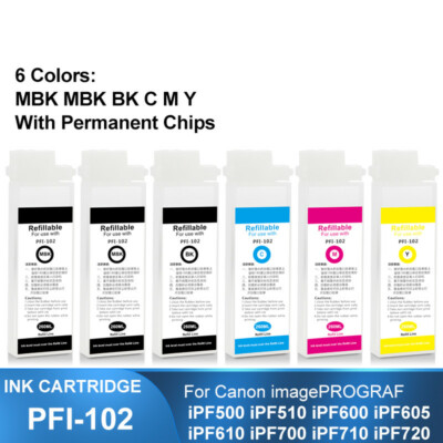 6PC PFI-102 Refillable Ink Cartridge With Chip For Canon iPF500 510 600 605 610