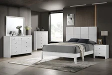 Pristine White Wooden Square Panel Queen Bed 6pc Master Bedroom Furniture Set