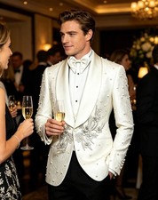 Men Embellished Suit Wedding Tuxedo Jacket Pearl Beaded Floral Lace Shawl Lapel