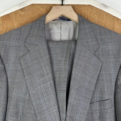 VTG Austin Reed Suit Mens 38L Gray Windowpane 2 Button 100% wool Canvas 34x30