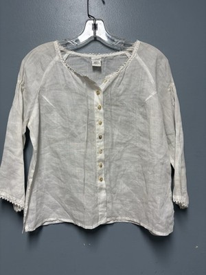 Kleen Ramie Linen White Button Up Top Sz L Lightweight Lace Elevated Capsule