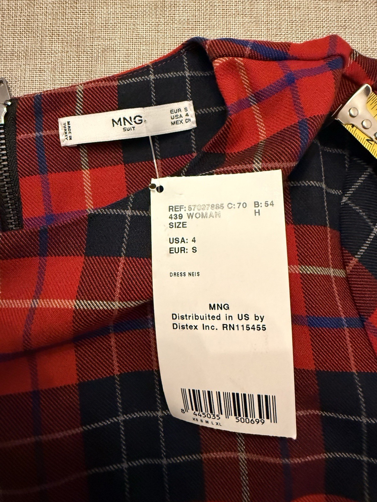 MNG Mango Dress Shift Plaid Black Red Academia Scoop Back 3/4 Sleeve Size 4 thumbnail 8