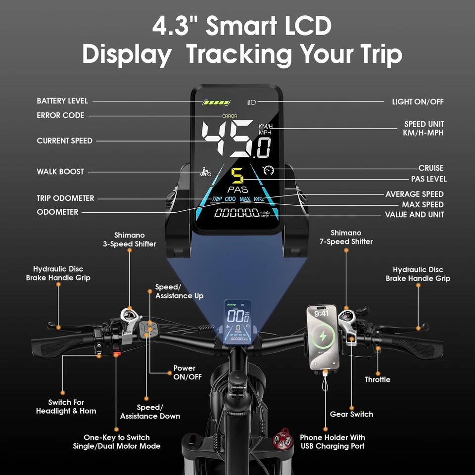 Bicicleta Eléctrica 4000W Bicicletas 45MPH 100Millas 52v 32AH Ebike FatTire 24In Cercanías Foto 2 de 4