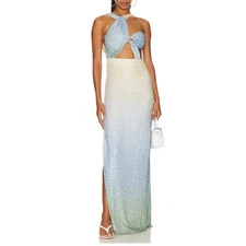Meltem Ozbek Sequin Maxi Dress Blue Ombre SIZE 6 Cutout Luxury Gown $750 NEW