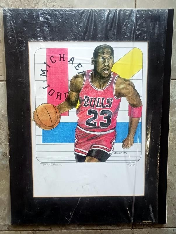 1991 Michael JORDAN Bktbl Color Print by B. DuBois Artist Signed # 27/100 Matted
