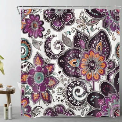Bohemian Paisley Floral Shower Curtain Purple and Black Flower Pattern Boho B...