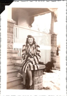 1943 Photo Lyda in Bold Striped Fur Coat on Spring Porch Vintage Snapshot