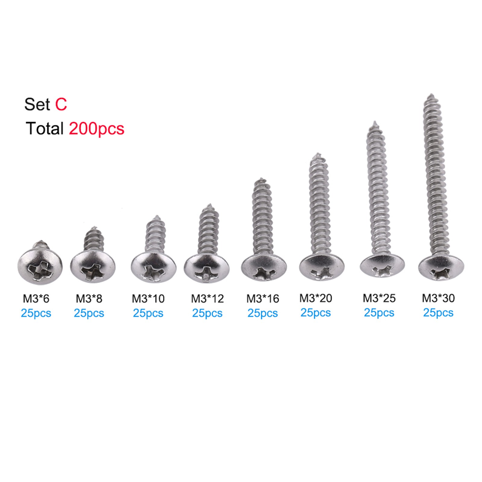 200pcs M3 Stainless Steel SS304 SelfTapping Screws Pan Flat Truss Head❀