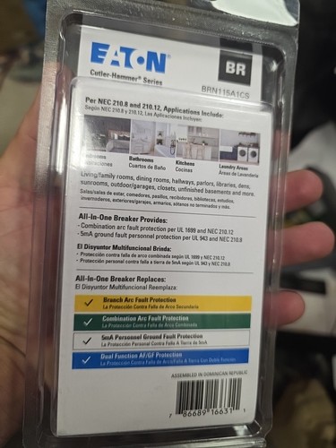Brand New Eaton BRN115A1CS 15 Amp 1 Pole All-in-One Arc/Ground Fault Breaker NEW - Picture 4 of 4