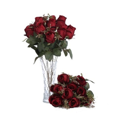 2 PCS FlueHouzz Artificial Roses Fake Silk Bouquet 12 Heads Realistic Burgundy