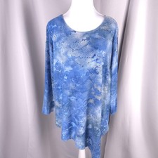 Karen Kane Tunic Blouse Women M L Blue Floral Burnout Asymmetrical Hem Lagenlook