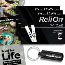 ReliOn Platinum Glucose Test Strips 100Ct 3Pk 300 Bonus Food Guide Holder