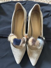 Donald Pliner Beige Suede Kitten Heel Pumps Mink Fur Pompoms Pointed Toe 9M