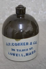 Vintage Whiskey Jug J. P. Conner & Co. Lowell Mass 8 1/2''