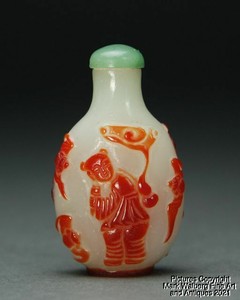 Chinese Peking Glass Snuff Bottle, Boys, Gourds & Bats, Red Glass Overlay