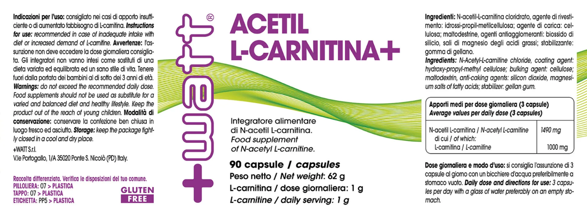 acetil l carnitina dose giornaliera Watt Acetil L-Carnitina Alc 90 cps da 1,4 gr Potente Dimagrante Brucia  Grassi 8023826112780