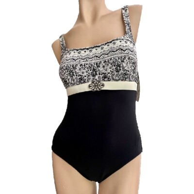 NWT $118 Profile by Gottex Swimwear One Piece 6 Black/White Paisley Halter Top