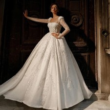 Sparkle A-Line Wedding Dresses Boat Neck Long Sleeved Satin Applique Bridal Gown