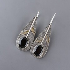 Natural Black Onyx Gemstone Drop/Dangle Earrings 925 Sterling Silver Jewelry