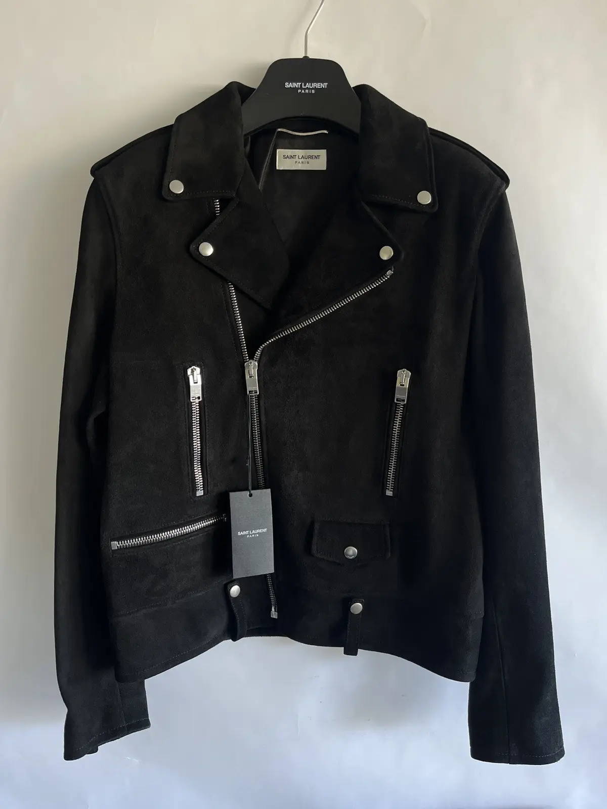 Giacca da motociclista Saint Laurent Paris in pelle scamosciata nera L01 taglia 50
