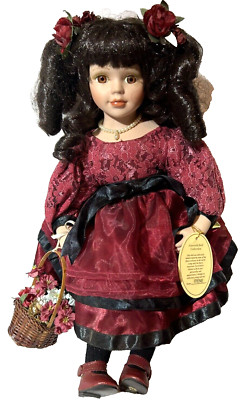 The Emerald Doll Collection- Porcelain-Burgandy Dress - Basket Of Flowers -W/Tag