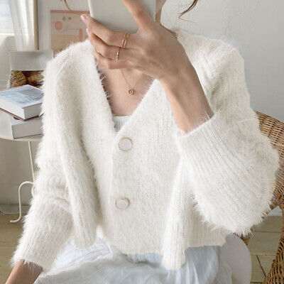Lady Faux Mohair Knitted Short Sweater Cardigan Fluffy Lady Faux Mohair Knitted Short Sweater Cardigan Fluffy