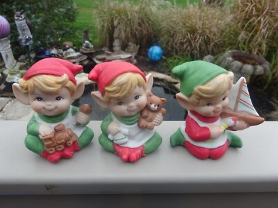 3-Homco Pointy Ear Elf Figurines 5253 Christmas Toymaker Elves Bear Boat Train