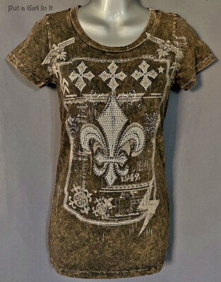 New VOCAL Womens CRYSTAL BROWN TAUPE MINERAL DYED FLEUR DE LIS SHIRT S M