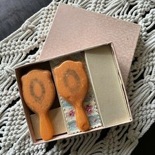 Vintage Childrens Child Brush Mirror Vanity Set w/ Box Plastic Celluloid gold