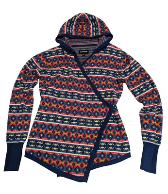 Betabrand Fair Isle Mission Wrap Fine Merino Wool Hooded Sweater Cardigan L/XL