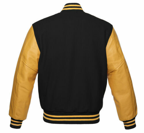 Chaqueta universitaria Letterman escuela de béisbol con mangas de cuero dorado real - Imagen 2 de 3