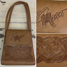MEXICO - Vtg Tooled Rose Sombrero Brown Vinyl Faux Leather Handbag Purse