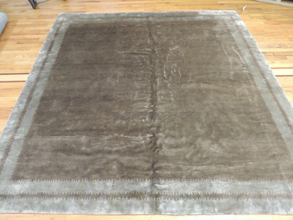 7x7 Square Tibetan Oriental Area Rug wool Green Beige/Taupe SILK - Image 2 of 4