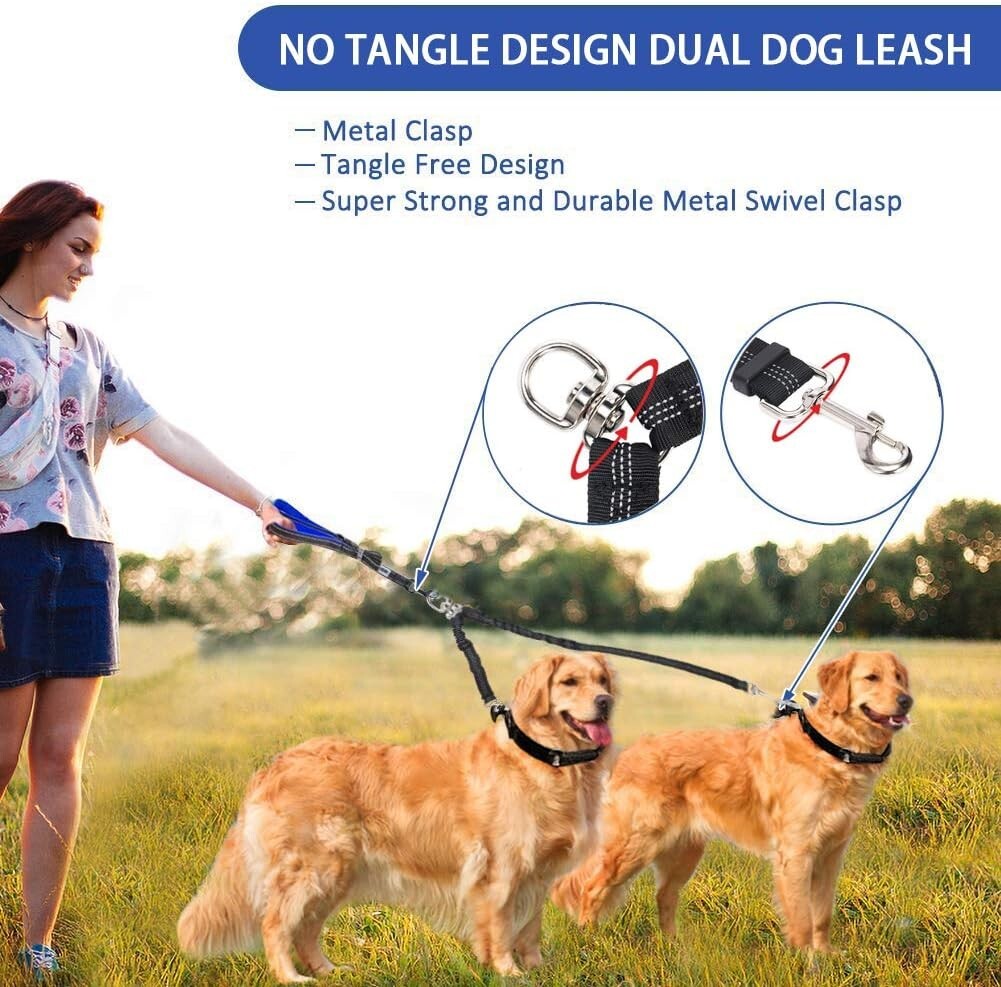 Double Dog Lead Coupler, No Tangle 360°Swivel Rotation Two 2 Splitter