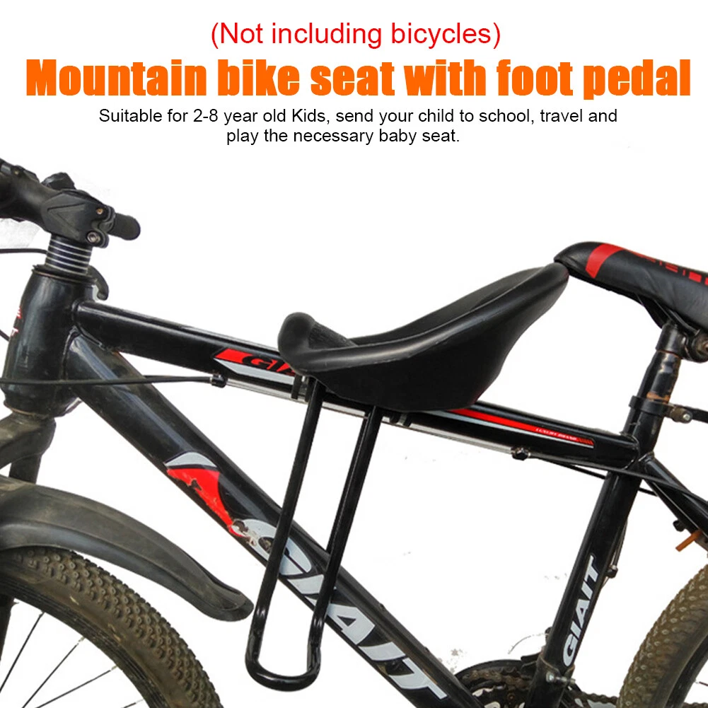 kids bike seat with back rest cushion front mounted foot pedals