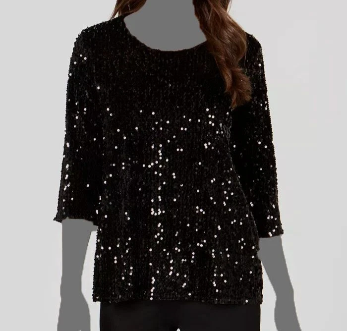 100 Alfani Women s Black Sequined Pullover Blouse Top Size 2XL