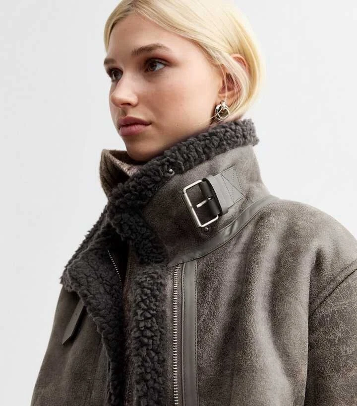 Grey Faux Leather Cropped Aviator Teddy Fur Lined Biker Jacket Coat BNWT RRP £65 - Image 2 of 4