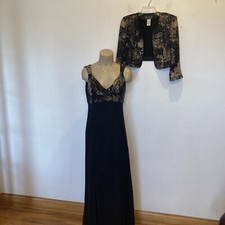 Alex Evenings sz 10 blk brown long dress bolero jacket suit mother of bride