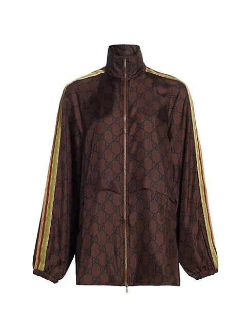 GUCCI Brown GG Supreme print silk zip-up Jacket with gold stripe size L