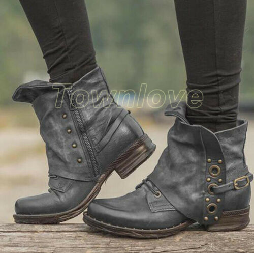 Retro Women Slip-On Ankle Boots Low Heel Casual Shoes Combat Motorcycle Booties - Picture 3 of 16