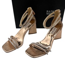 Badgley Mischka Lillie Crystal Dual Strapped Block Heels Sandals Champagne 6.5