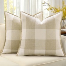 decorUhome Fall Plaid Linen Throw Pillow Covers 16x16 Set of 2 Cream White