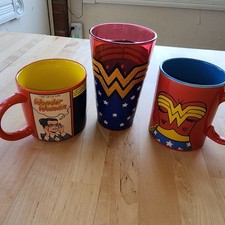 Official DC Comics Lot of 3 Wonder Woman 16oz Glass, 14oz  12oz Ceramic Mug