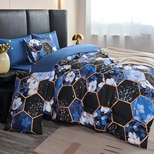 Juego de edredón 7 piezas juego de cama, cama geométrica en una bolsa king azul floral Foto 3 de 4