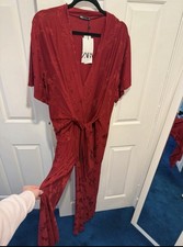 ZARA Burgundy Floral Embroidered Jumpsuit NWT Wine Red Wide Leg Tie Front Boho