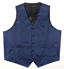 Hisdern Metallic Blue Paisley Vest Men 2XL V-Neck Button Formal Tux Waistcoat